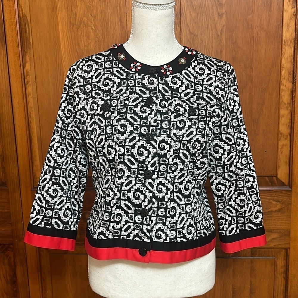 Ruby Rd. Cropped Geometric Design Button-down 3/4 Sleeve Beaded Collar Jacket 8P